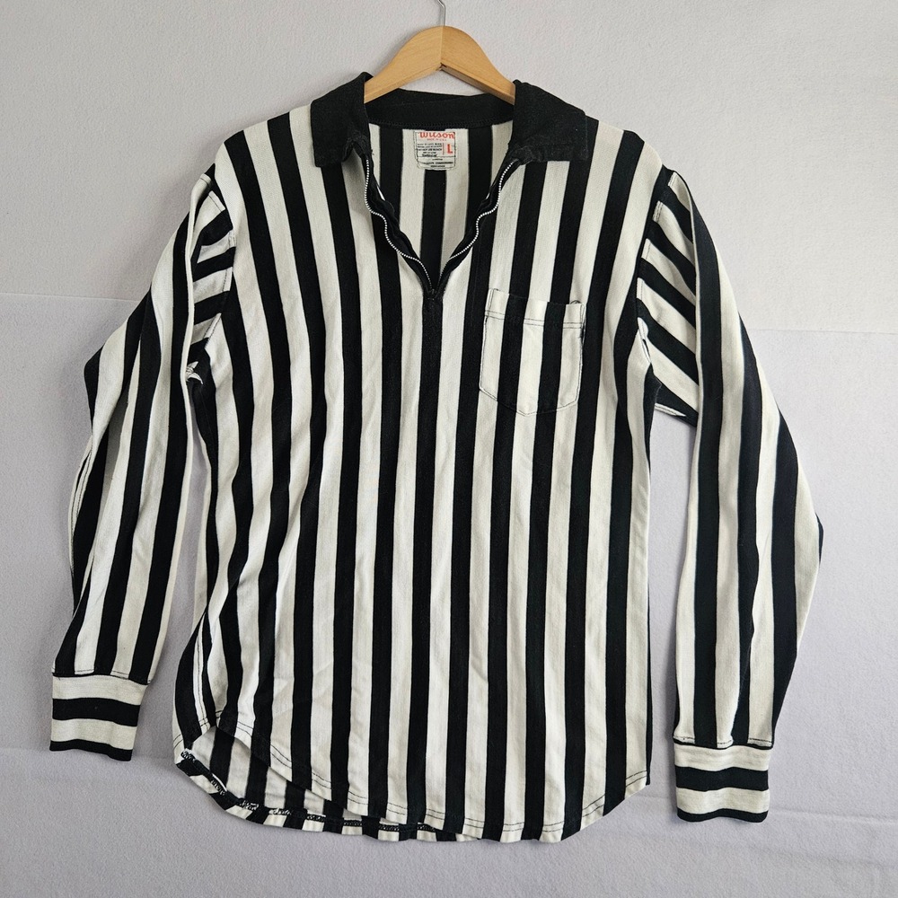 Vintage Wilson Referee Shirt Mens Large 1/4 Zip Striped Long Sleeve USA Made 70s